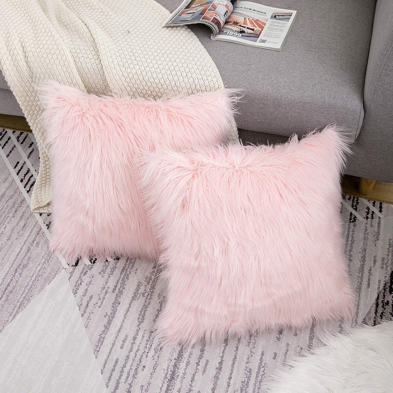 WLNUI Set of 2 Valentines Day Pink Fluffy Pillow Covers New Luxury Series Merino Style Blush Faux Fur Decorative Throw Pillow Covers Square Fuzzy Cushion Case 16x16 Inch - Image 2
